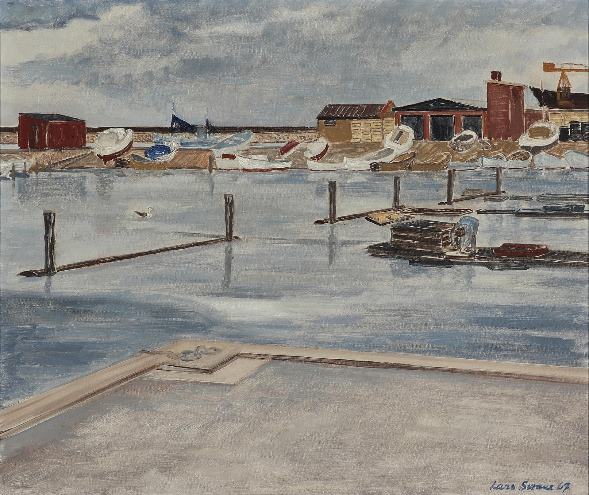 Lars Swane (f.1913-2002) olie på lærred, "Frederikshavn Havn 1967"