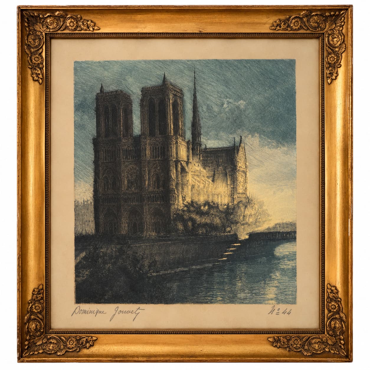 Notre Dame de Paris, original farvegravering signeret Dominique Jouvet, ca. 1920